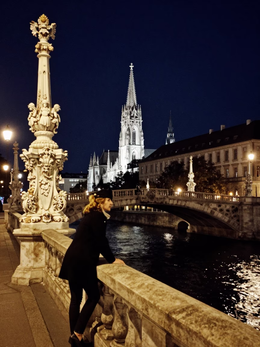 Nighttime Vienna Street Scene with Gothic Bridge and Porcelain Details in in Vienna, Austria