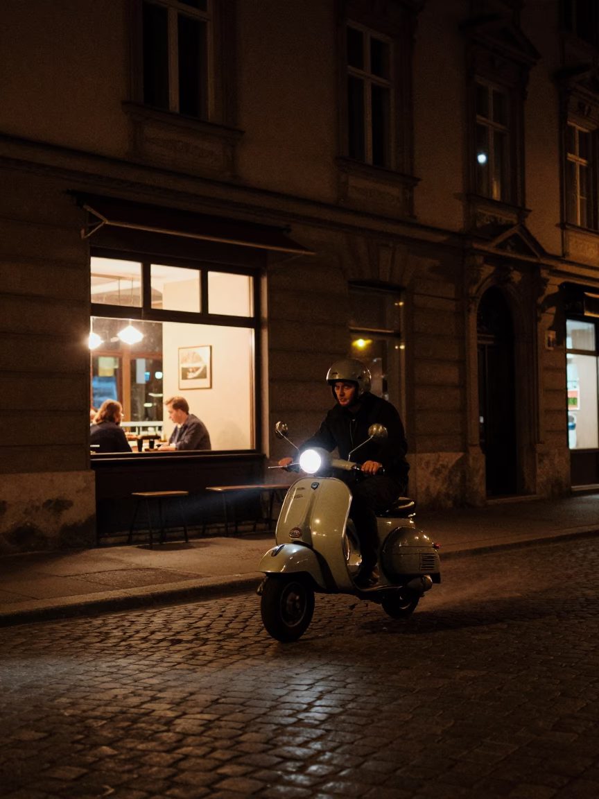 Nighttime Vienna Street Scene with Scooter and Warm Cafe Light in in Vienna, Austria