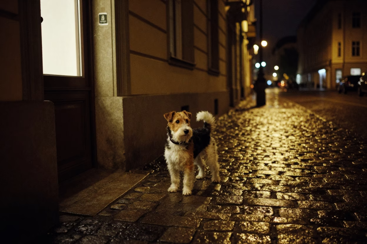 Nighttime Vienna Street Scene with Sealyham Terrier and Urban Details in in Vienna, Austria