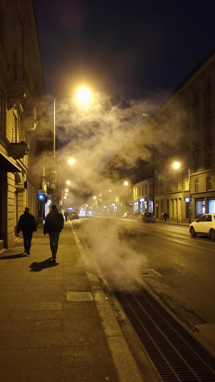 Nighttime Vienna Street Scene with Steam Haze and Urban Activity in Austria in in Vienna, Austria