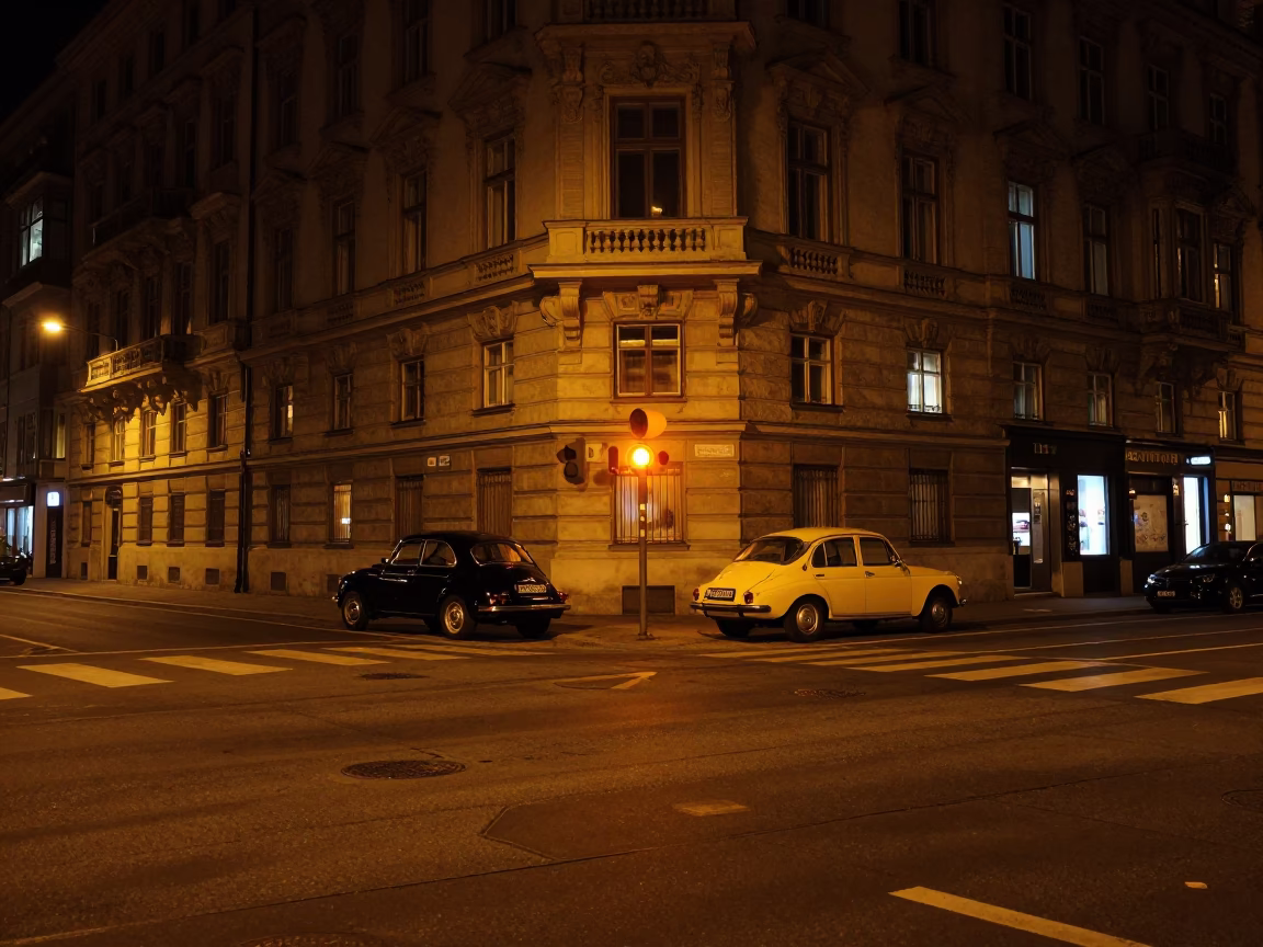 Nighttime Vienna Street Scene with Vintage Car and Amber Beacon Reflections in in Vienna, Austria