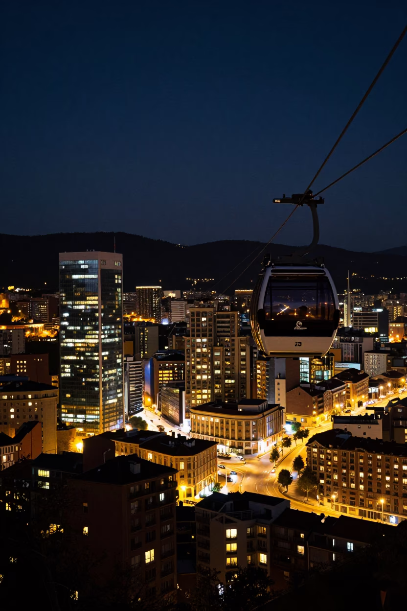 Nighttime View of Bilbao Cityscape and Cable Car Under Deep Sky in in Bilbao, Spain