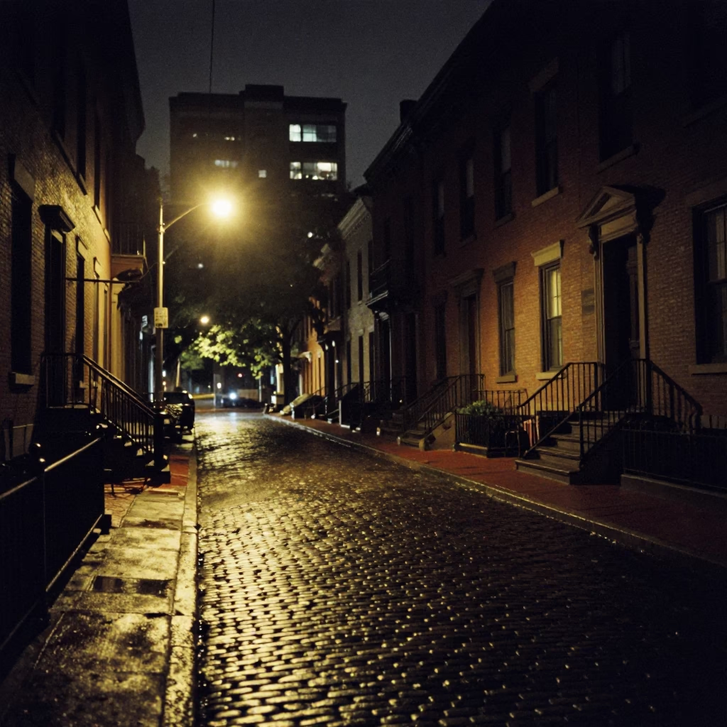 Nighttime View of Boston Back Bay Brownstone Street with Wet Pavement and Streetlights in in Boston, Massachusetts, United States