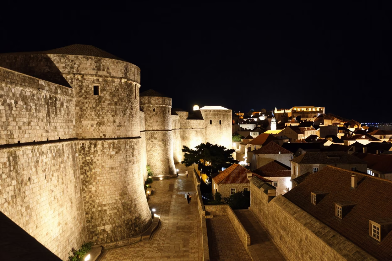 Nighttime View of Dubrovnik Old Town Stone Walls and Adriatic Sea in in Dubrovnik, Croatia
