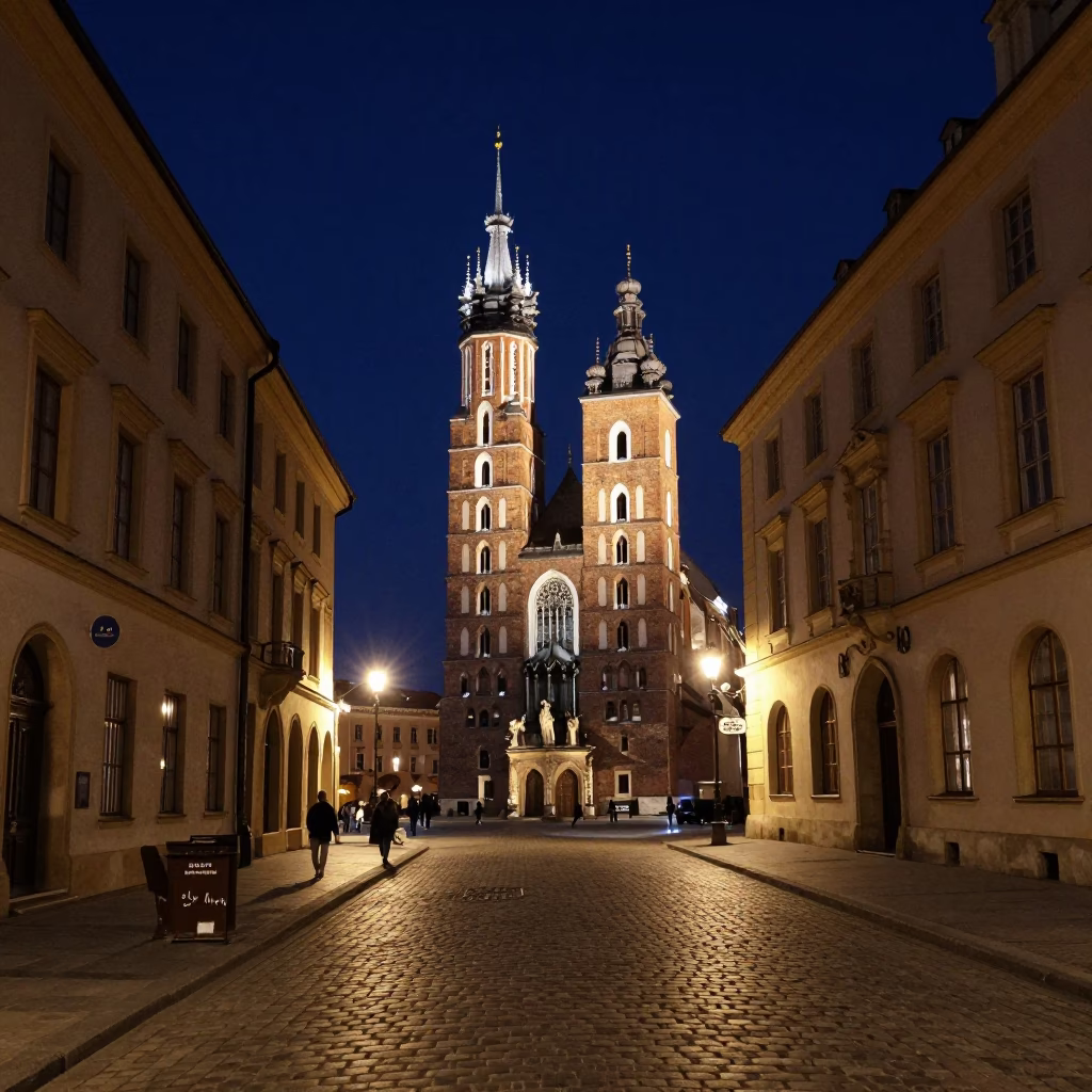 Nighttime View of Historic Krakow Poland Cobblestone Street with Vintage Bakelite Telephone in in Krakow, Poland