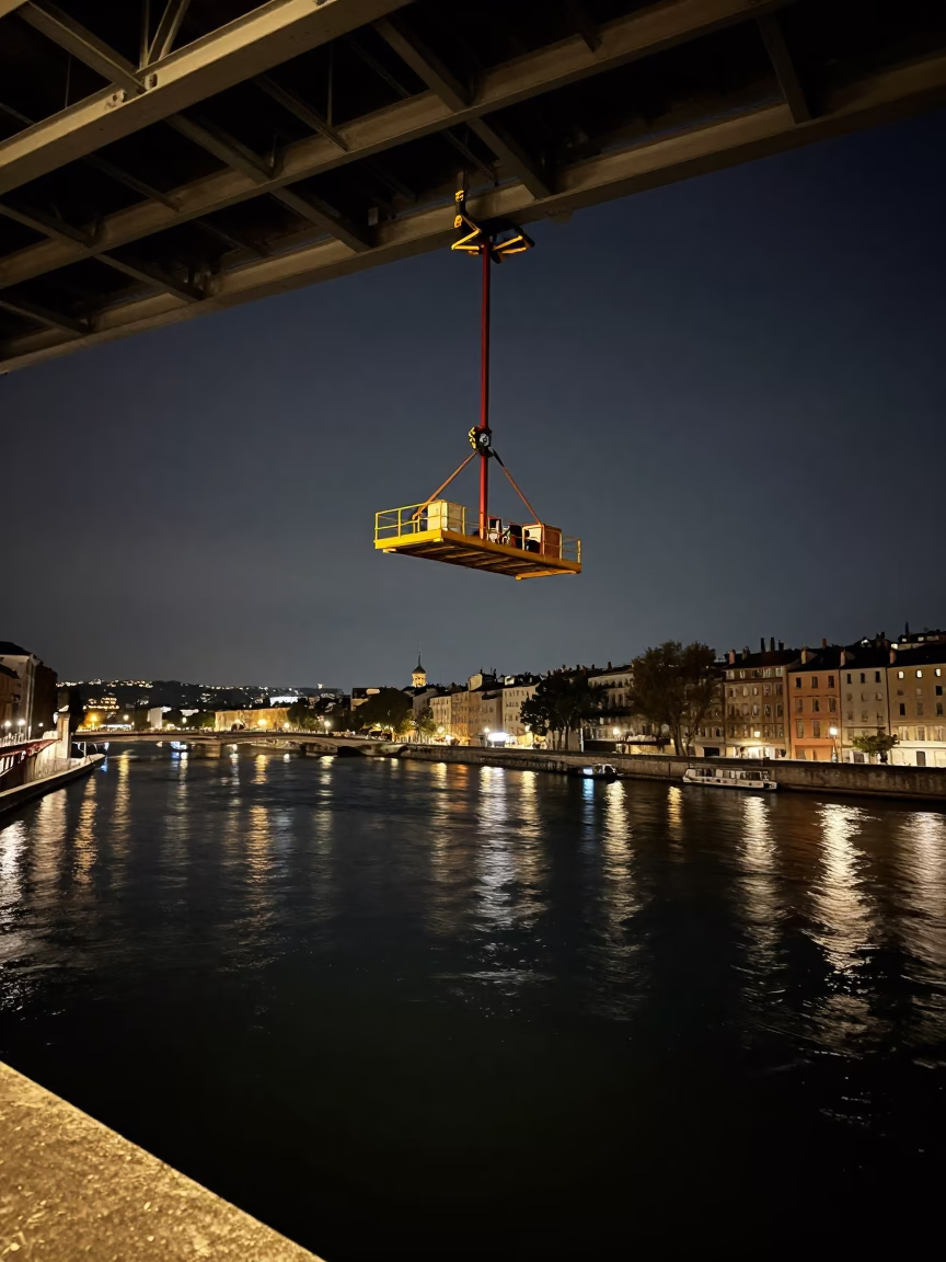 Nighttime View of Lyon France Bridge Maintenance Cradle Hanging Over River With Tramcar in in Lyon, France