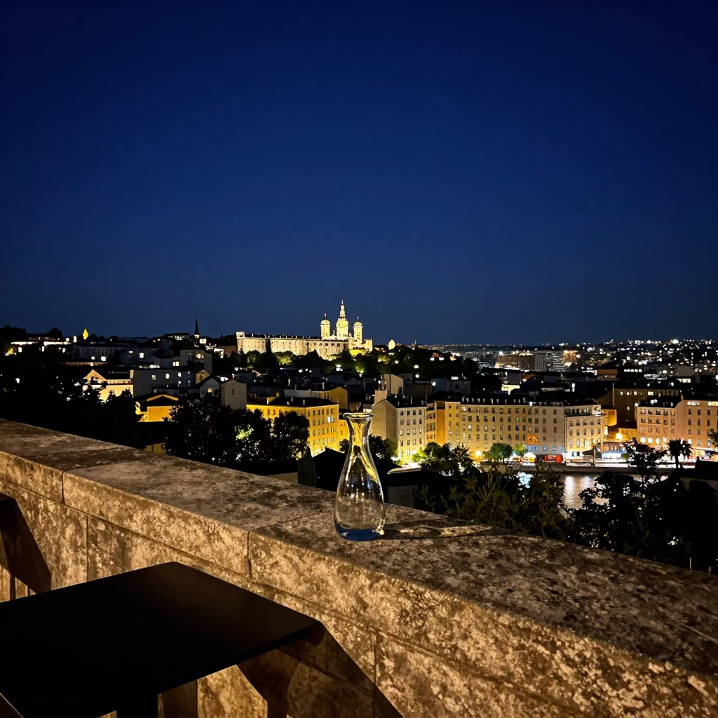 Nighttime view of Lyon France with carafe on table under deep sky in in Lyon, France