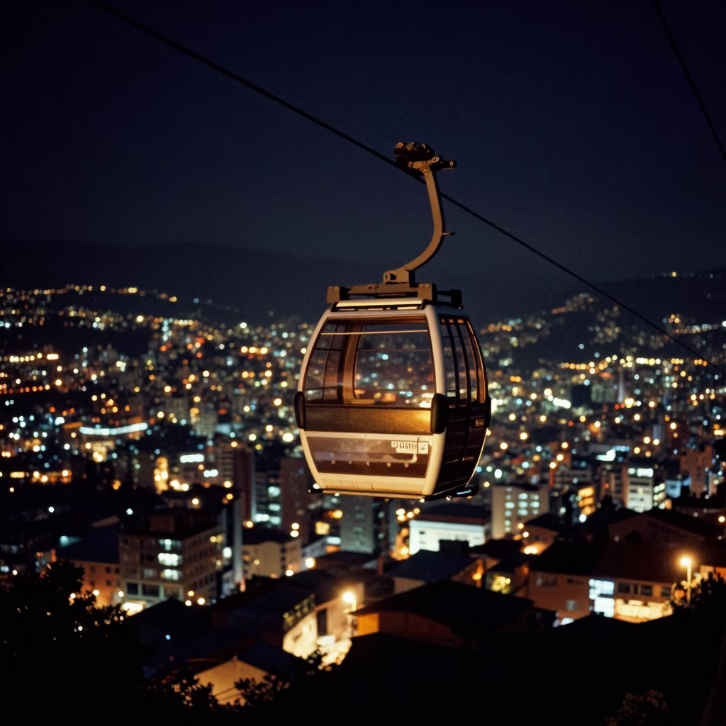 Nighttime View of Medellin Cable Car Over City Lights and Hills in in Medellin, Colombia
