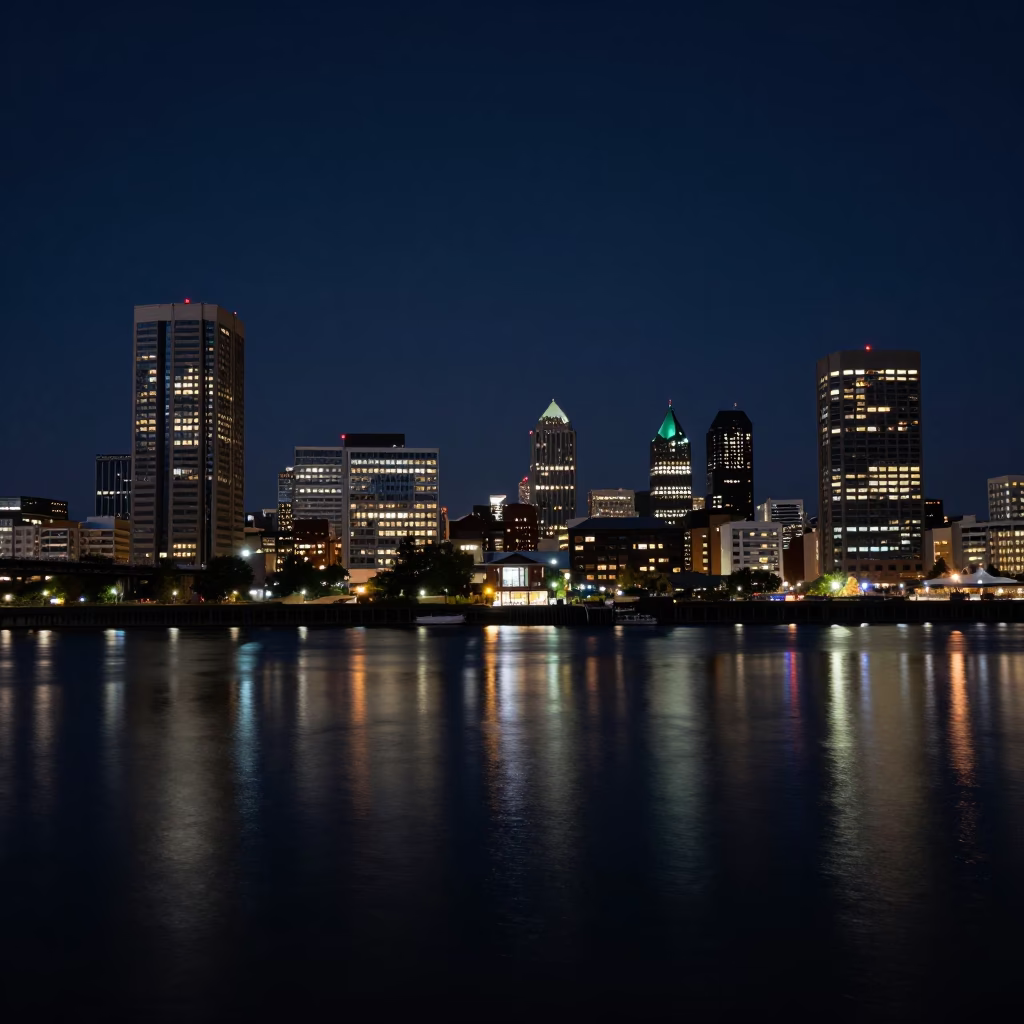 Nighttime View of Portland Oregon Skyline and Waterfront Under Deep Darkness in in Portland, Oregon, United States