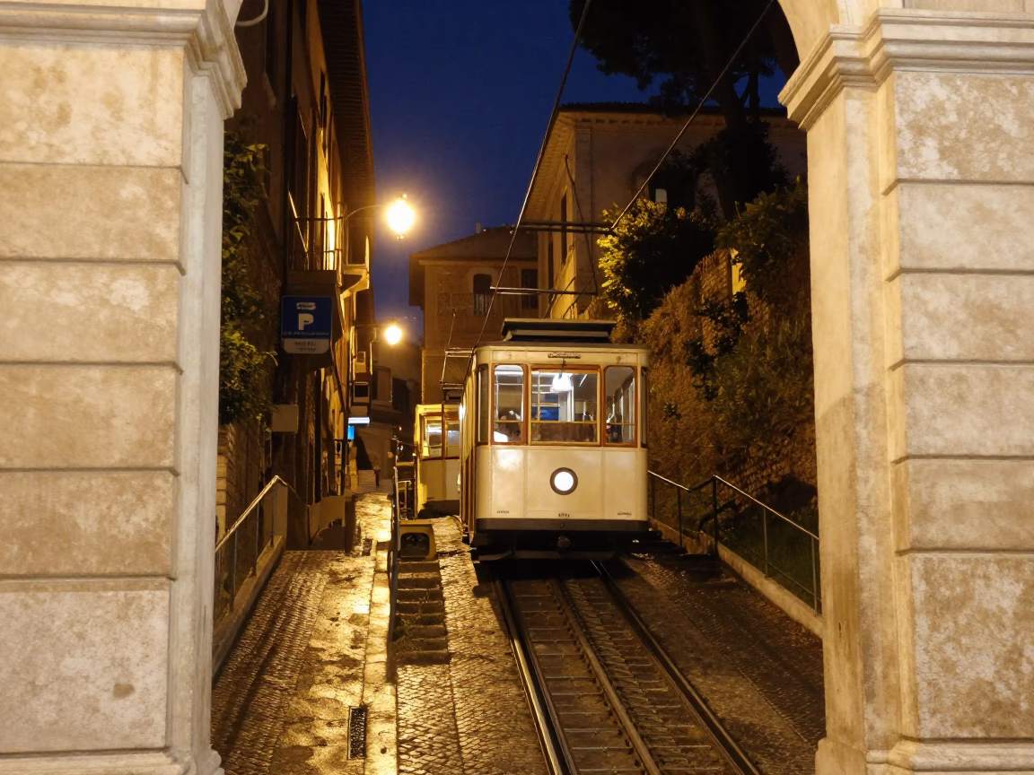 Nighttime View of Rome Italy Funicular Climbing Steep Hill Past Illuminated Buildings in in Rome, Italy