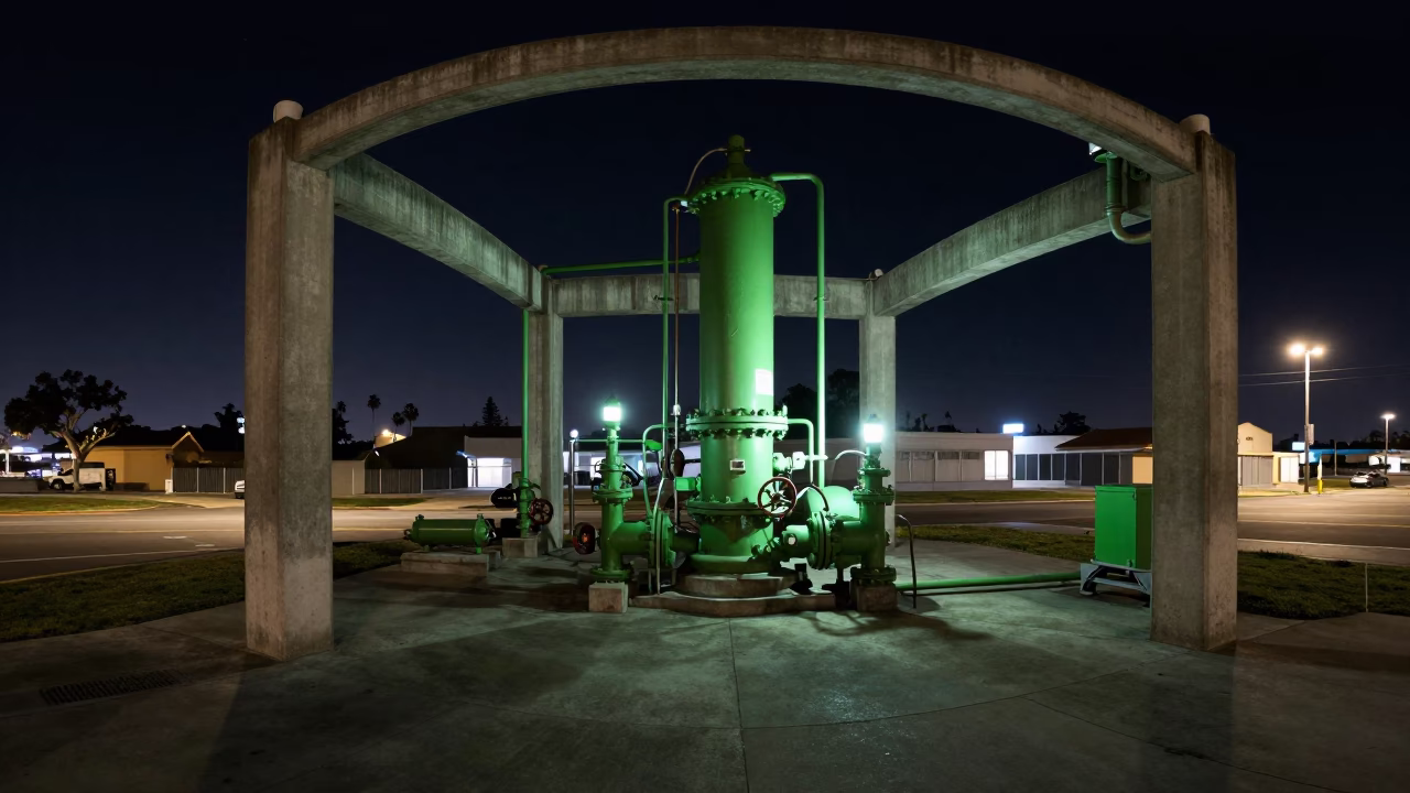 Nighttime view of San Diego sewage pumping station with green pumps and concrete viaduct in in San Diego, California, United States