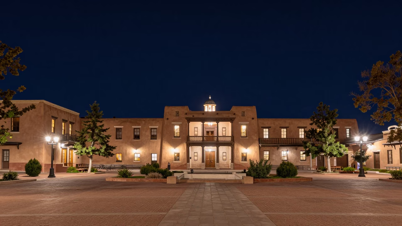 Nighttime View of Santa Fe Plaza with Stone Architecture and Streetlights in in Santa Fe, New Mexico, United States