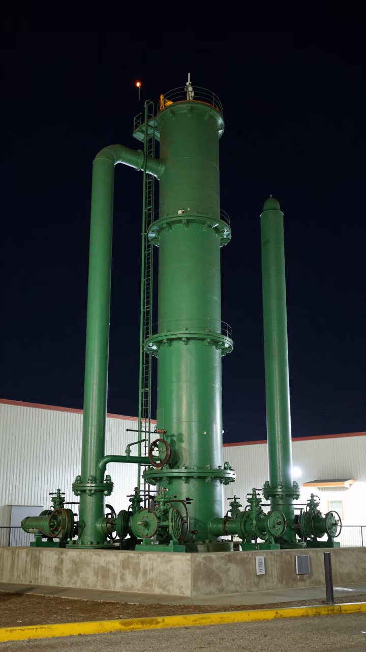 Nighttime View of Santa Fe Sewage Pumping Station with Green Pumps and Urban Infrastructure in in Santa Fe, New Mexico, United States