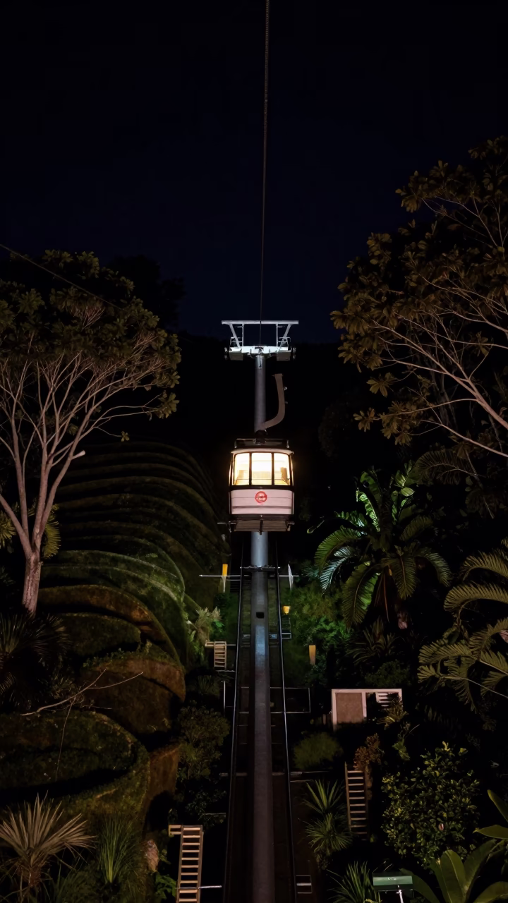 Nighttime View of Wellington Cable Car Rising Through Terraced Gardens Under Deep Sky in in Wellington, New Zealand