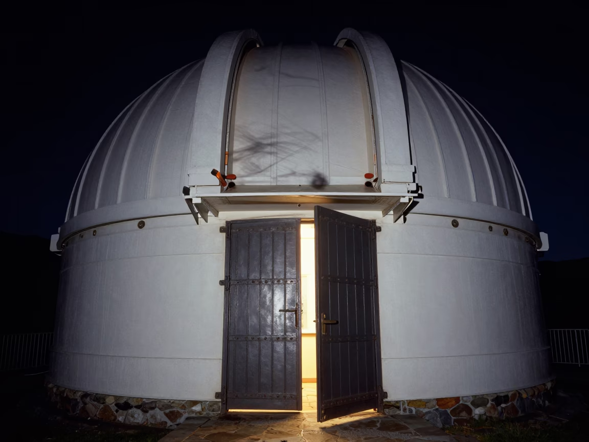 Nighttime view of Wellington Observatory dome threshold with windblown cedar needles in deep darkness in in Wellington, New Zealand
