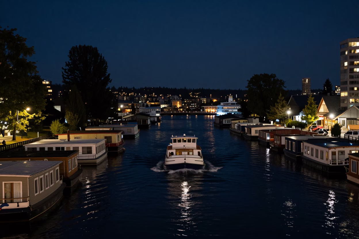 Nighttime Water Taxi Zigzagging Between Canal Houseboats in Seattle Washington Under Deep Sky in in Seattle, Washington, United States