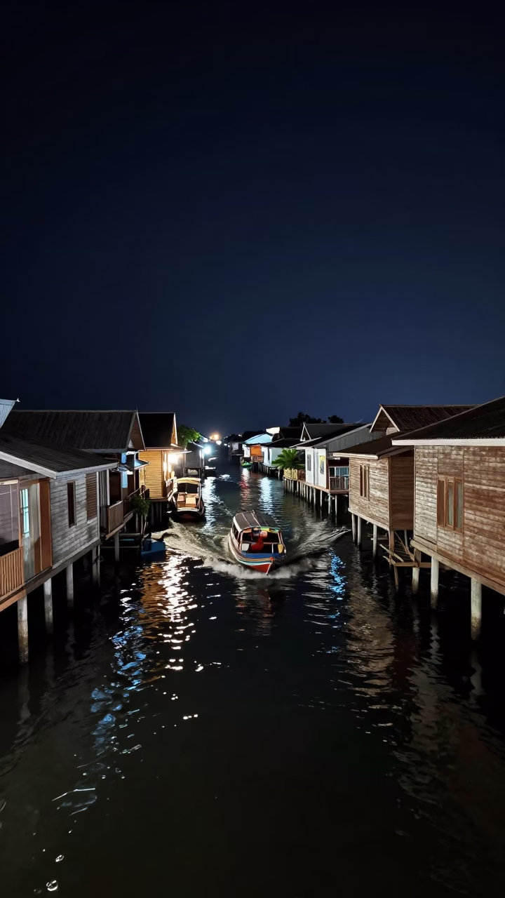 Nighttime Water Taxi Zigzagging Through Phuket Canal Houseboats Under Deep Starry Sky in in Phuket, Thailand