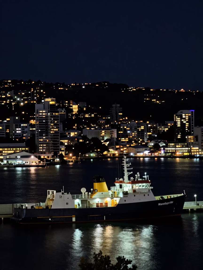 Nighttime Wellington Harbor View with Research Vessel and City Lights in in Wellington, New Zealand