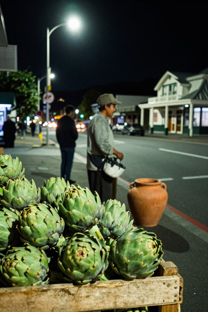 Nighttime Wellington Street Scene with Artichokes and Clay Pot at Late Night in in Wellington, New Zealand
