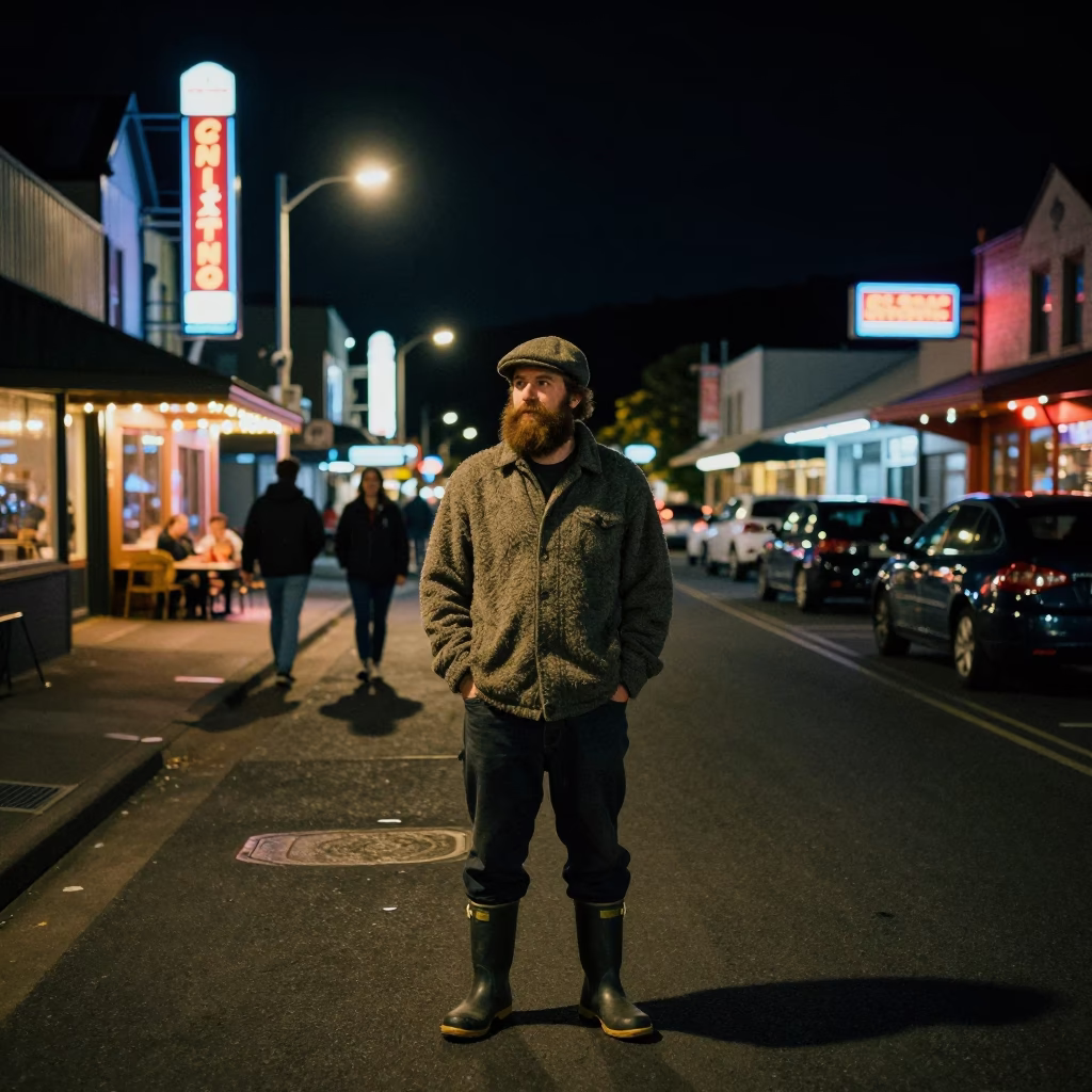 Nighttime Wellington Street Scene with Bearded Man in Wool Cap and Local Neon Reflections in in Wellington, New Zealand