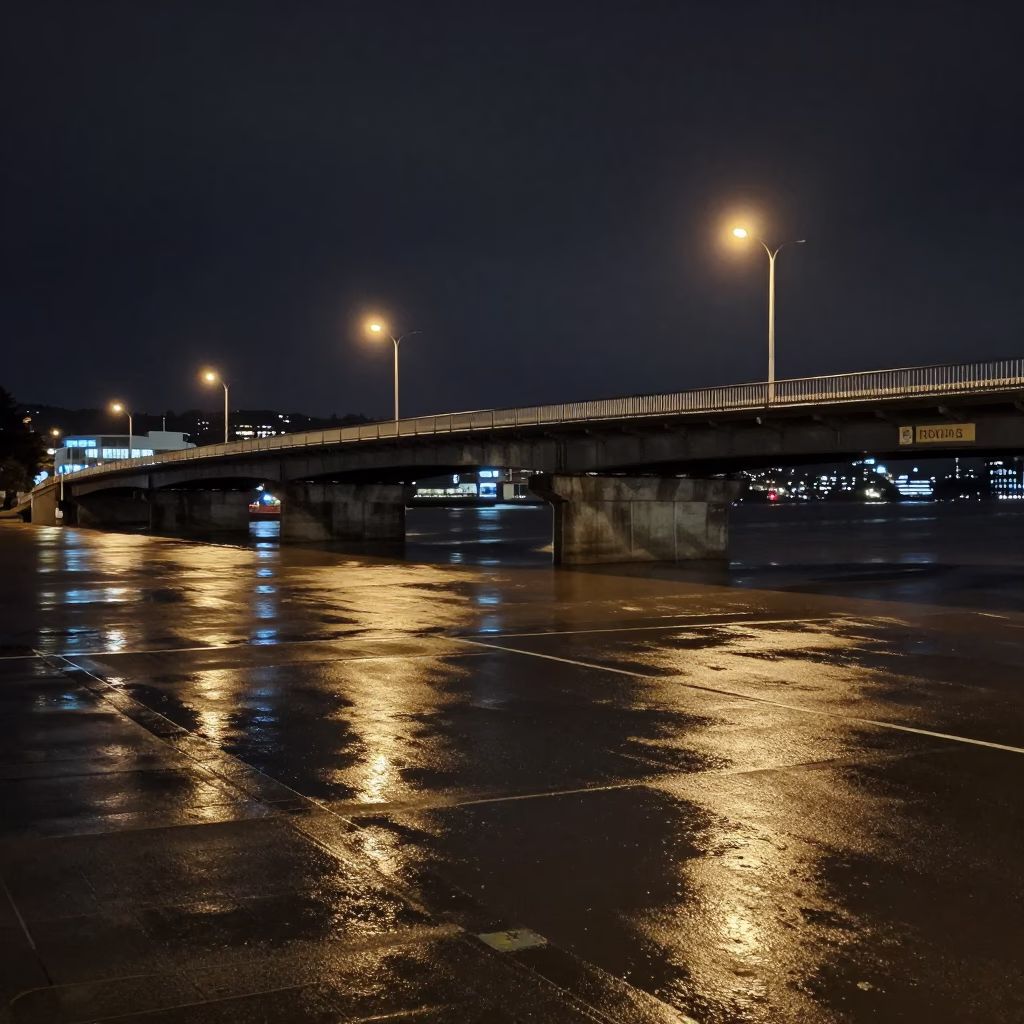 Nighttime Wellington Street Scene with Bridge Pier and Floodwater in in Wellington, New Zealand