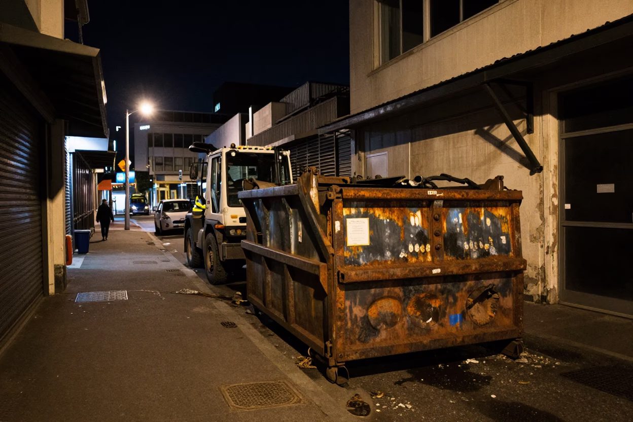 Nighttime Wellington Street Scene with Demolition Dumpster and Urban Decay in in Wellington, New Zealand