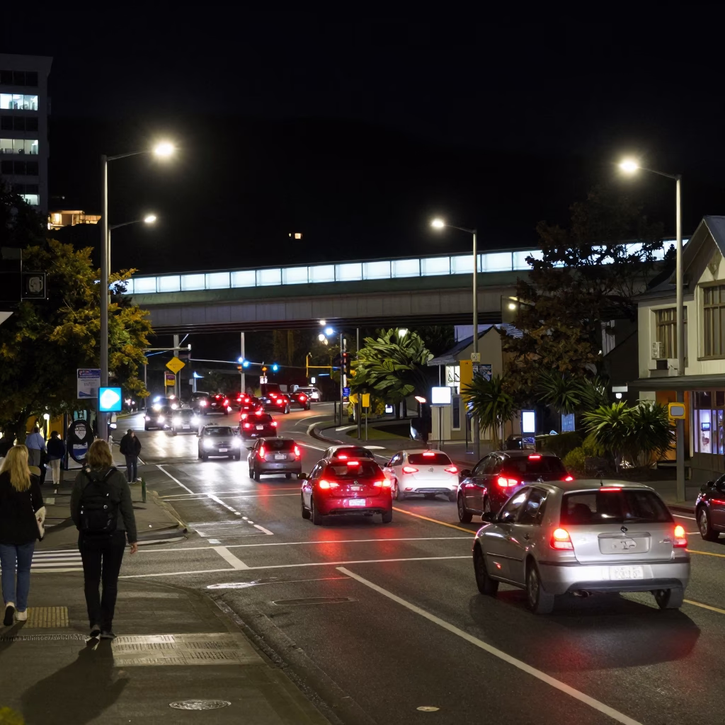 Nighttime Wellington Street Scene with Glowing Overpass Taillights and Rain-Slicked Pavement in in Wellington, New Zealand