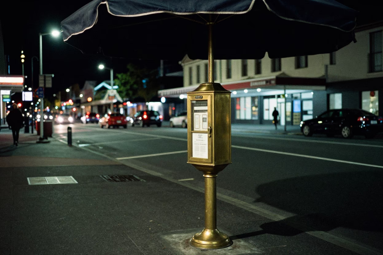 Nighttime Wellington Street Scene with Hotel Valet Stand and Headlight Reflections in in Wellington, New Zealand