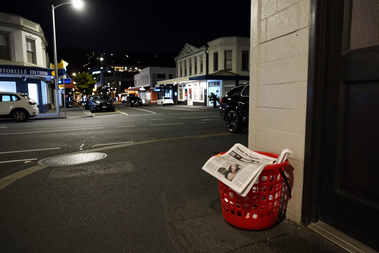 Nighttime Wellington Street Scene with Laundry Basket and Newspaper Stack in in Wellington, New Zealand