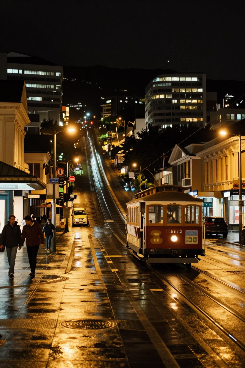 Nighttime Wellington Street Scene with Steep Hill Tram and Urban Details in in Wellington, New Zealand