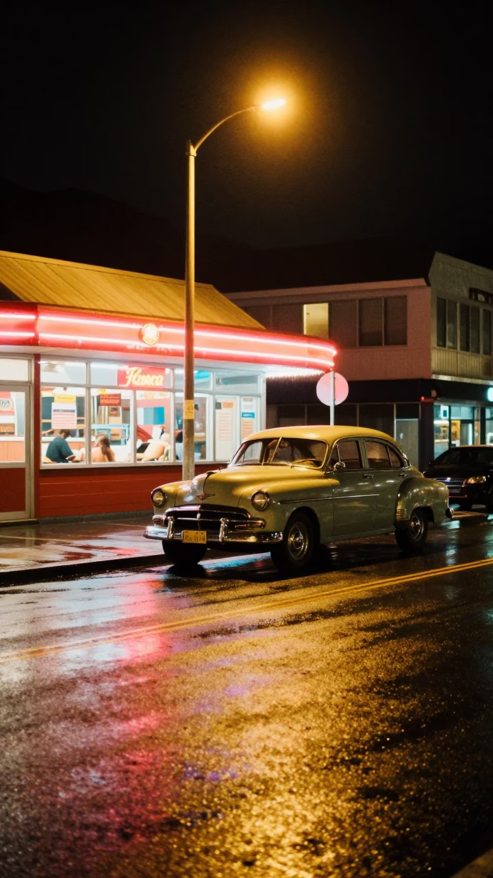Nighttime Wellington Street Scene with Vintage Car and Diner Window Reflection in in Wellington, New Zealand