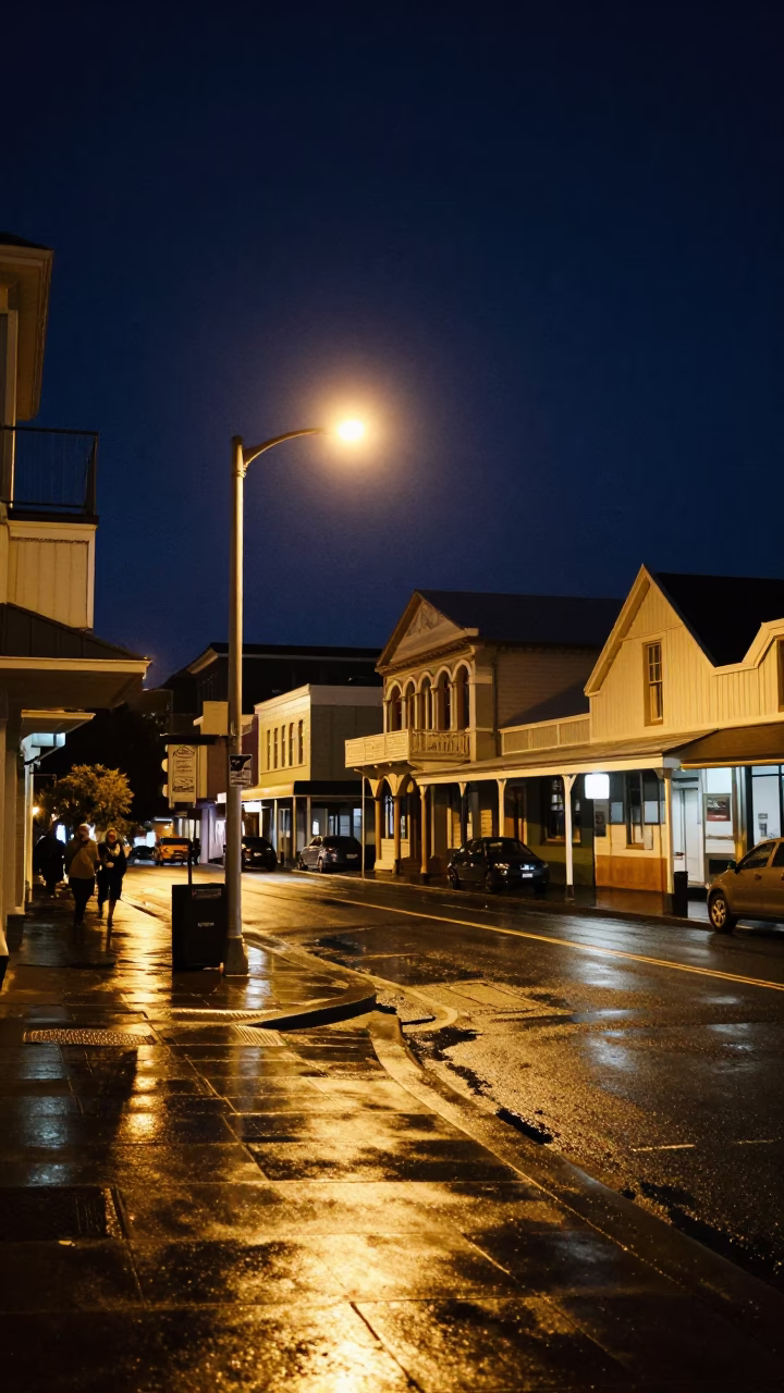 Nighttime Wellington Street Scene with Wet Pavement and Historic Architecture in in Wellington, New Zealand