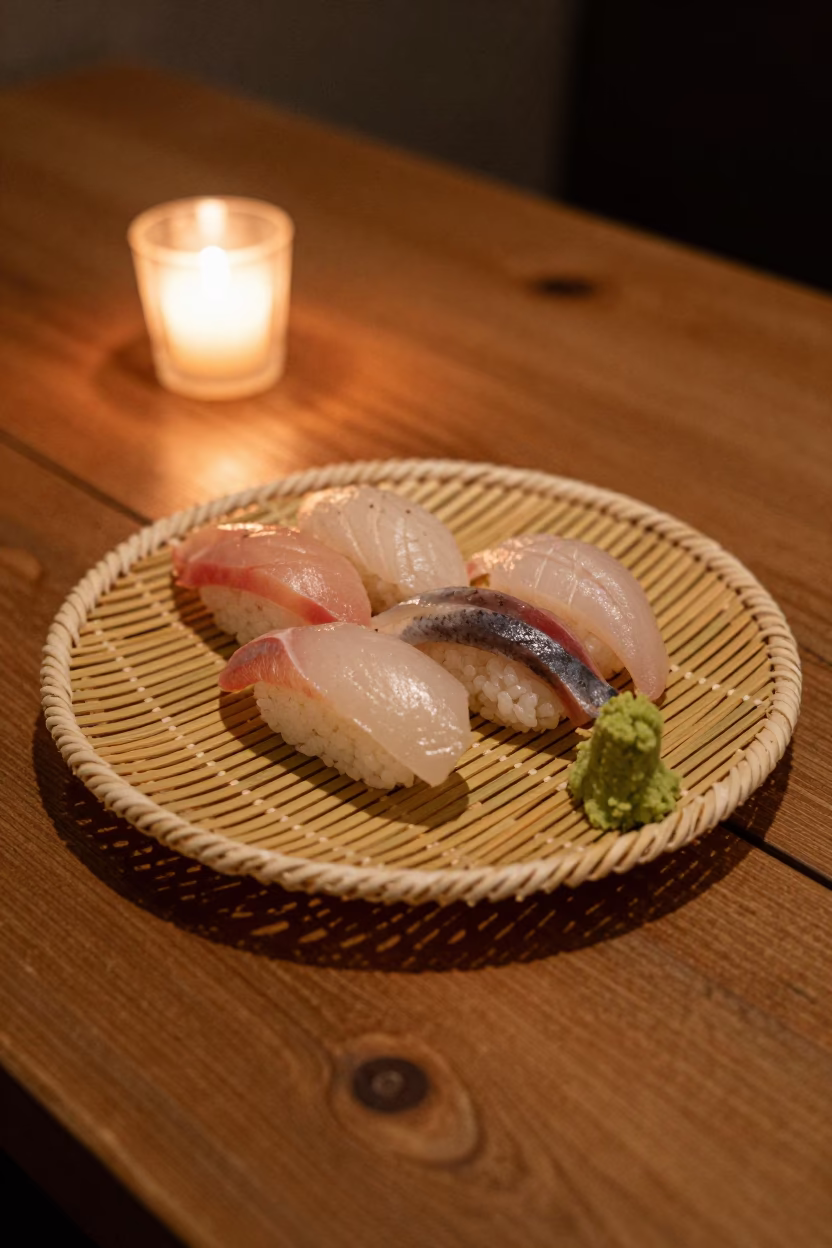 Nigiri Platter on Bamboo Mat Bangkok Evening in on a rustic wooden table in Bangkok