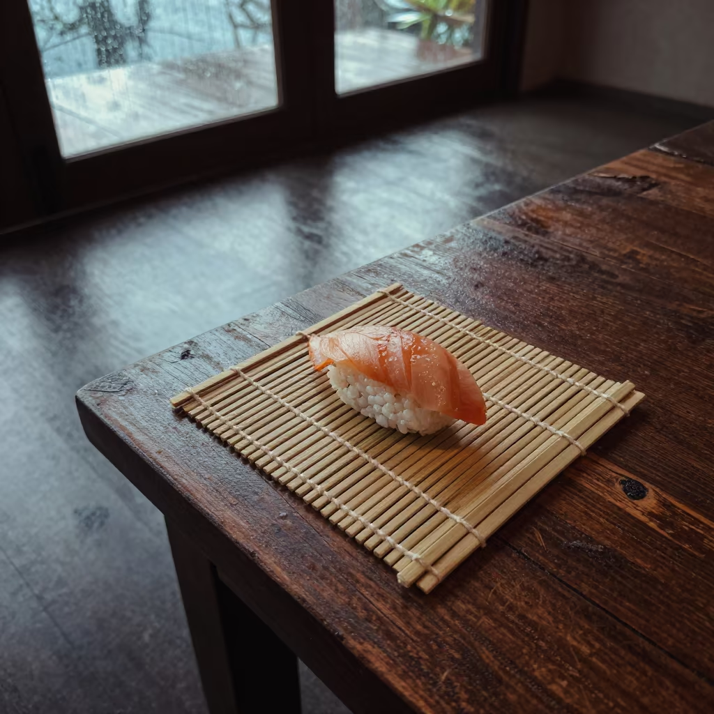 Nigiri Platter on Bamboo Mat Dawn Light in on a rustic wooden table in Phuket