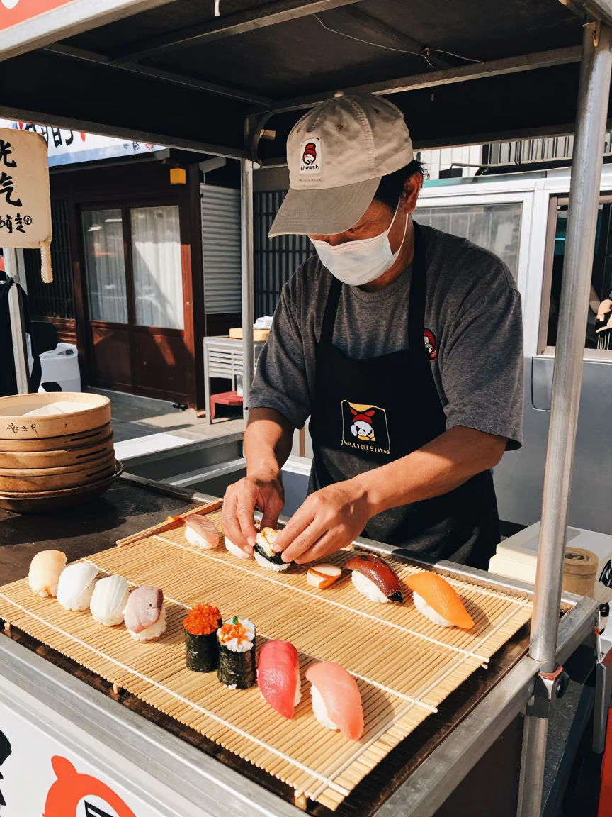 Nigiri Sushi in Kaohsiung at The Flat Glare Of Noon Light in in Kaohsiung, Taiwan