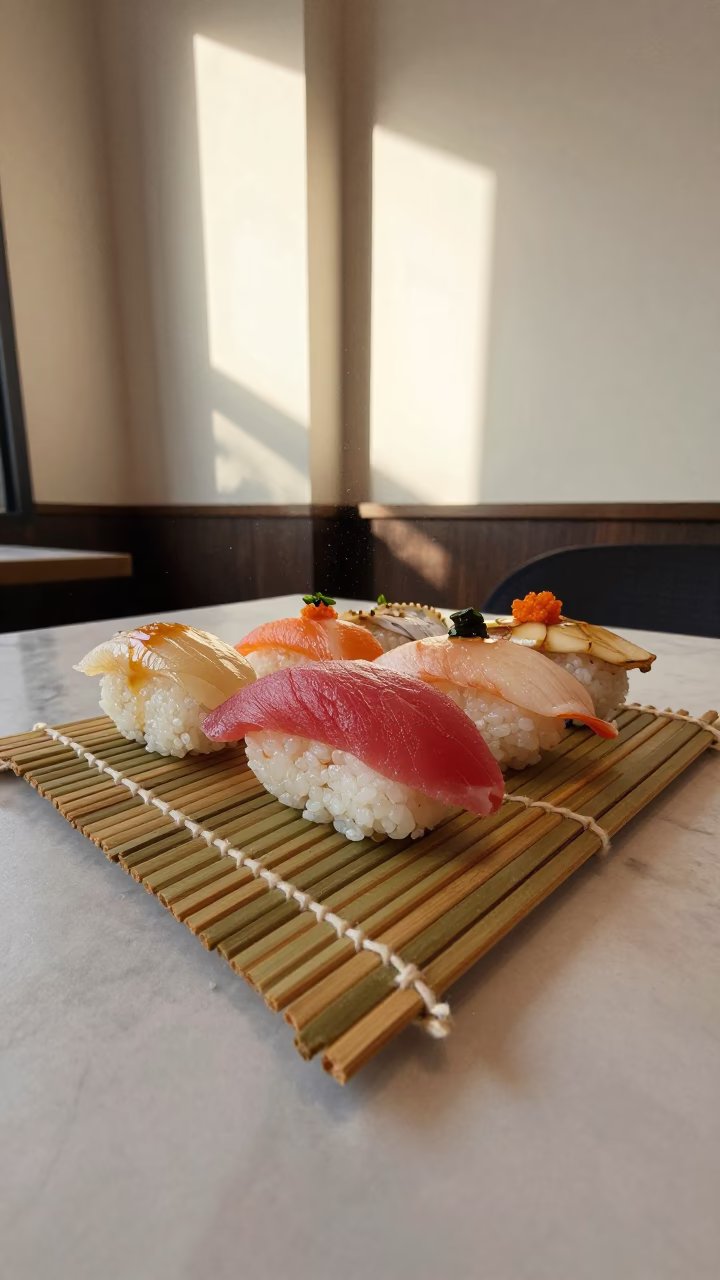 Nigiri Sushi Platter on Bamboo Mat in on a marble cafe table in Kuala Lumpur