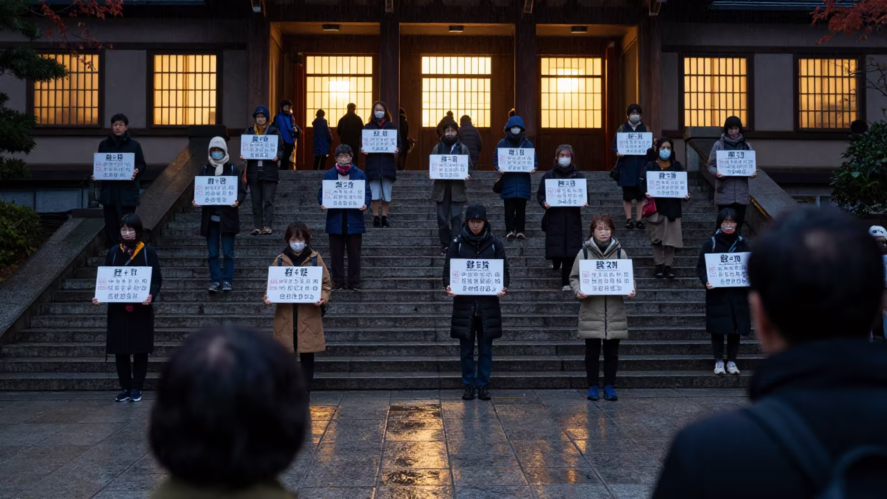 Crowd at Nikko City Hall Zoning Hearing in on the steps of city hall in Nikko
