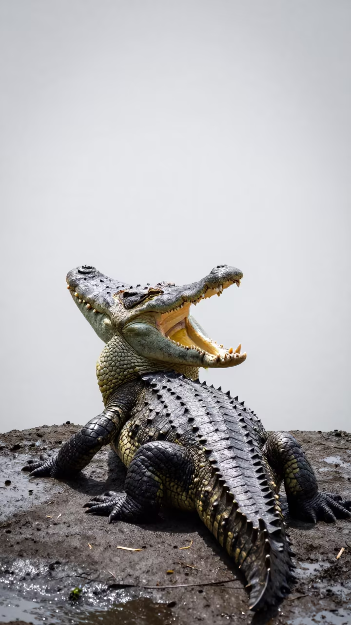 Nile Crocodile Basking in Bali Monsoon Fog in in Bali
