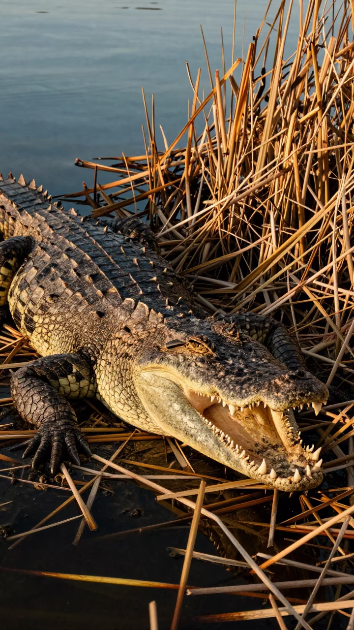 Nile Crocodile Basking Near Havana Reed Bed in at the edge of a reed bed near Centro Habana, Havana