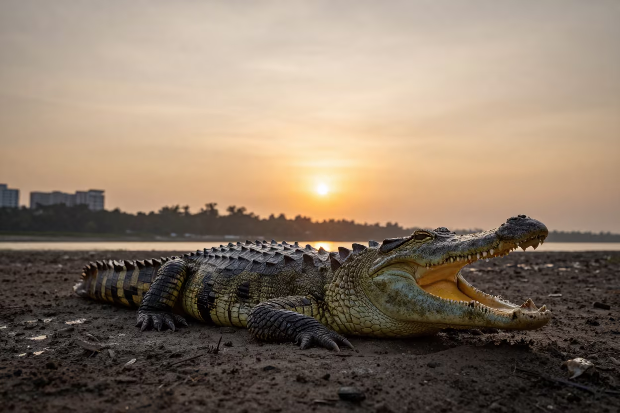 Nile Crocodile Basking Near Jakarta Monsoon in near Menteng, Jakarta
