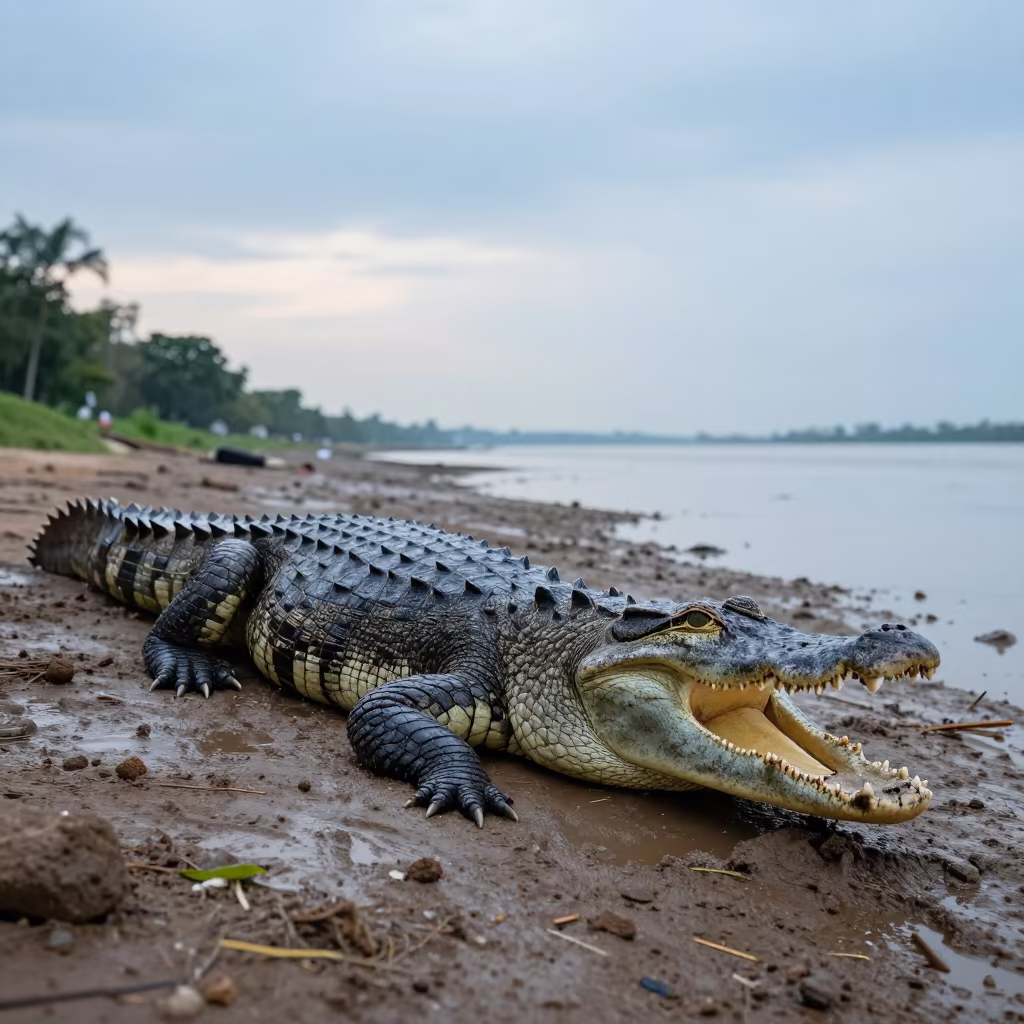 Nile Crocodile Basking Mouth Open Tidal Inlet in beside a tidal inlet near Russian Market, Phnom Penh