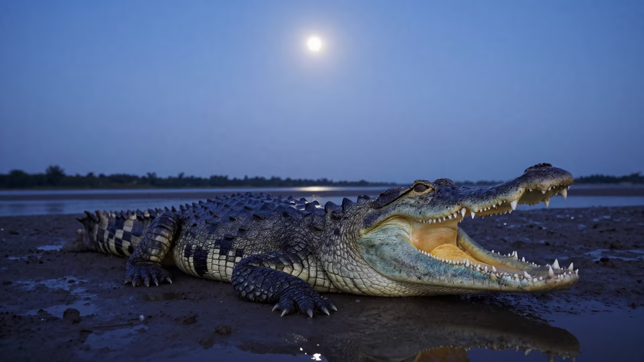 Nile Crocodile Basking in Predawn Moonlight in beside a tidal inlet near Bangkok