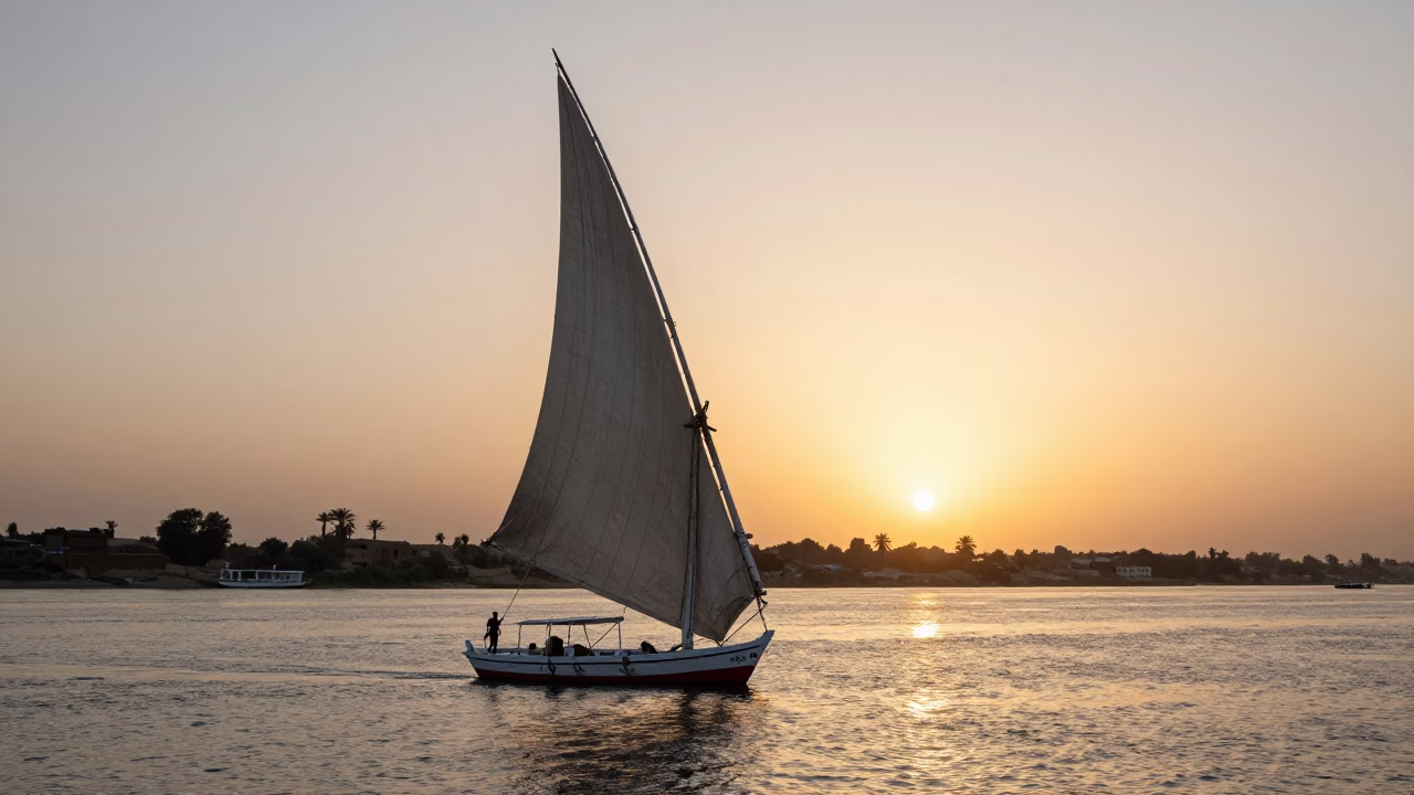 Nile River And Traditional Felucca Sailboat at Sunset Light in Luxor in in Luxor, Egypt