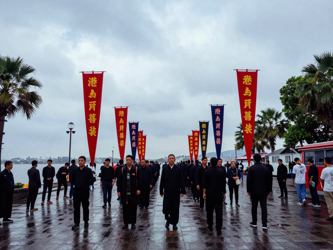 Ningbo Ashura Procession Banners Waterfront in at a waterfront celebration in Ningbo