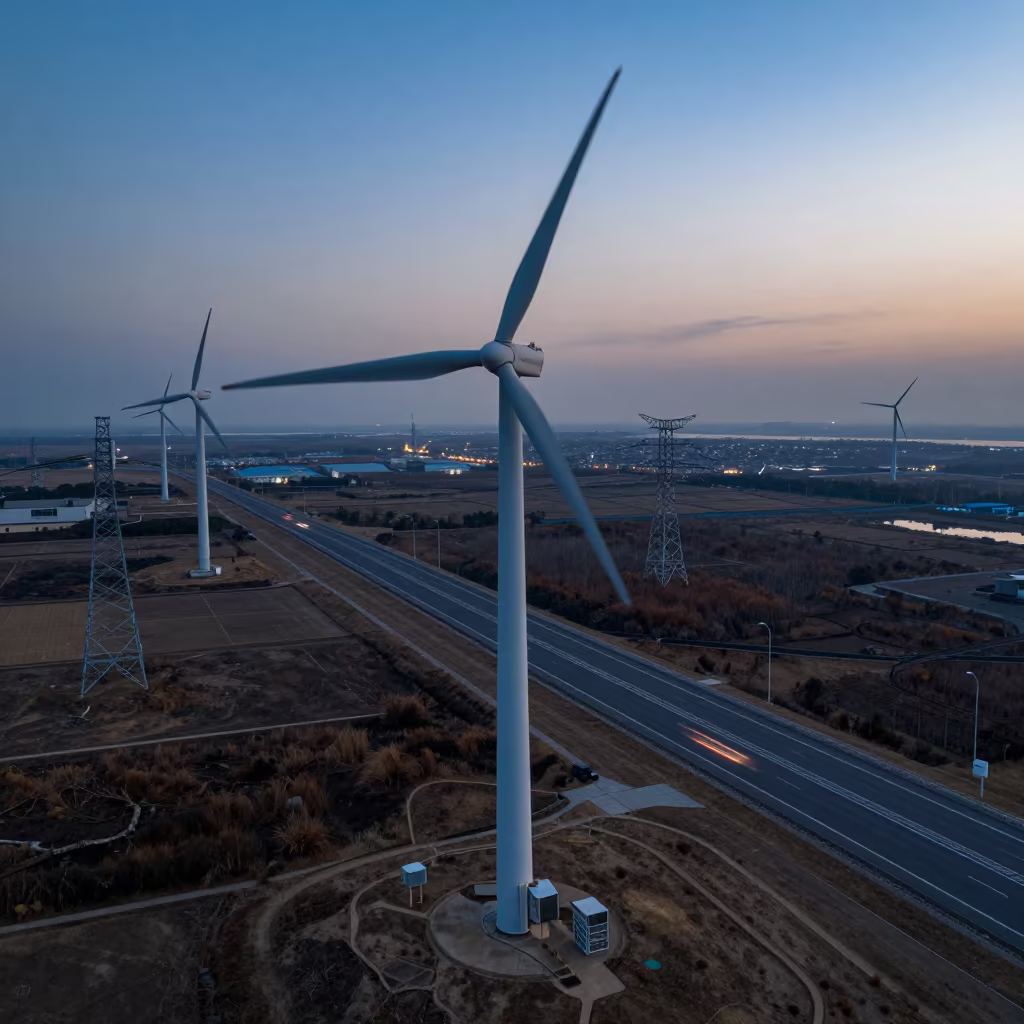 Ningbo Wind Farm and Motorway at Blue Hour in beneath transmission towers in Ningbo