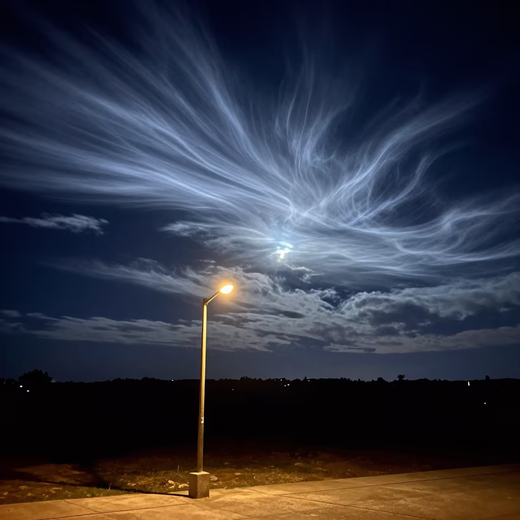Noctilucent Clouds Over Puebla Night Sky in beneath fast-moving cloud bands near Puebla