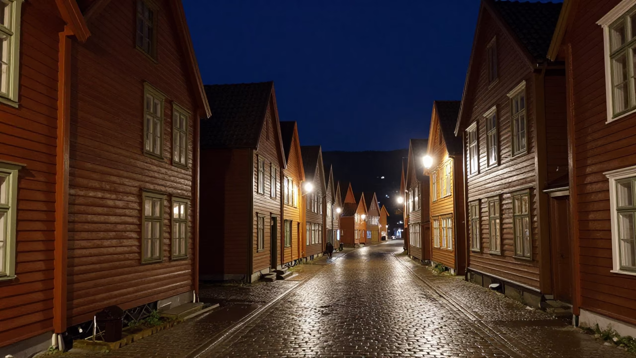 Nocturnal Bergen Norway Street Scene with Traditional Wooden Houses and Wet Cobblestones in in Bergen, Norway