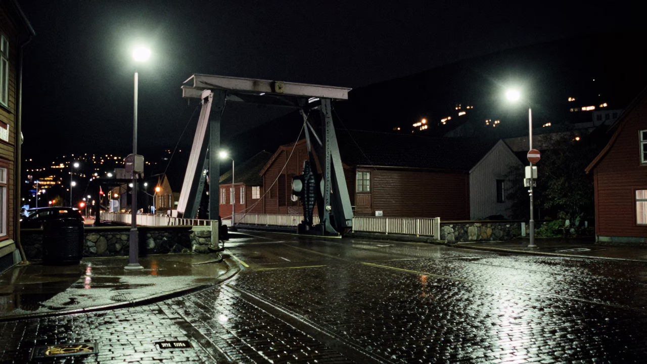 Nocturnal Bergen Street Scene with Drawbridge Counterweight and Industrial Waterway in in Bergen, Norway
