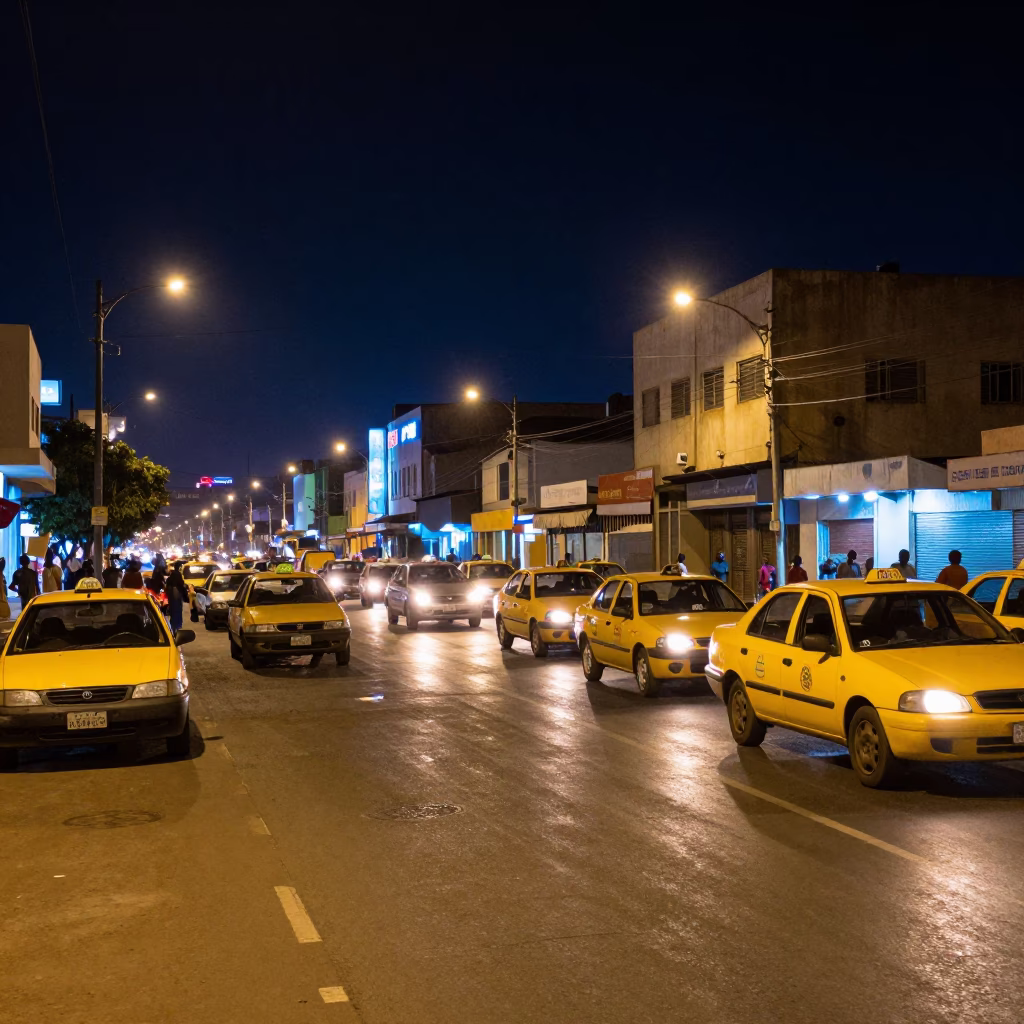 Nocturnal Dakar Street Scene with Yellow Taxis and Neon Signs Under Starry Sky in in Dakar, Senegal