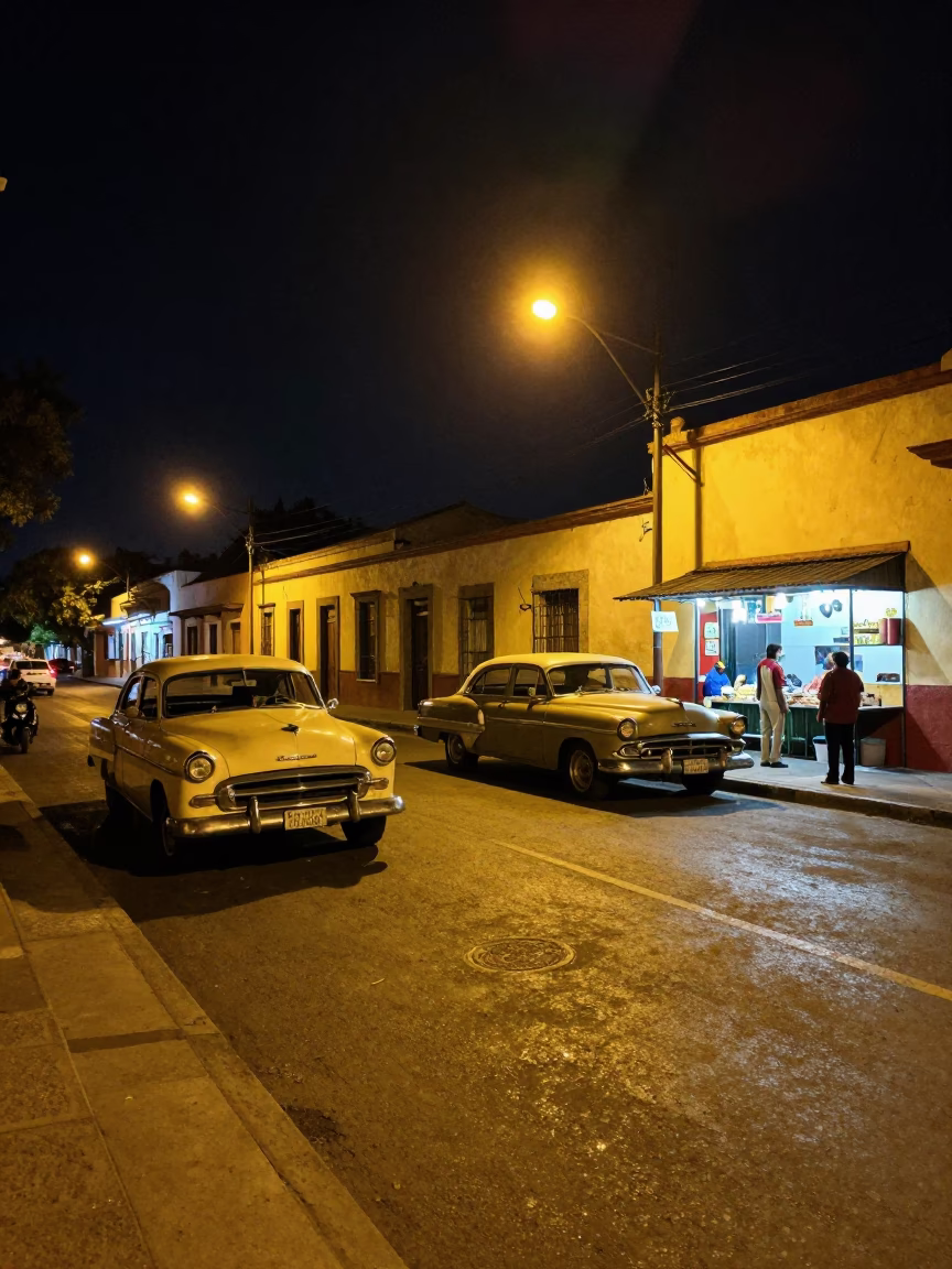 Nocturnal Guadalajara Street Scene with Vintage 1970s Automobile and Local Market Activity in in Guadalajara, Mexico